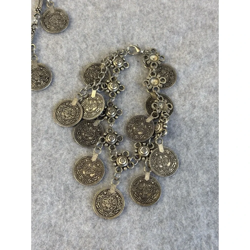 Vtg Boho Silver Coin Tassel Statement Necklace Bracelet Gypsy Festival Jewelry